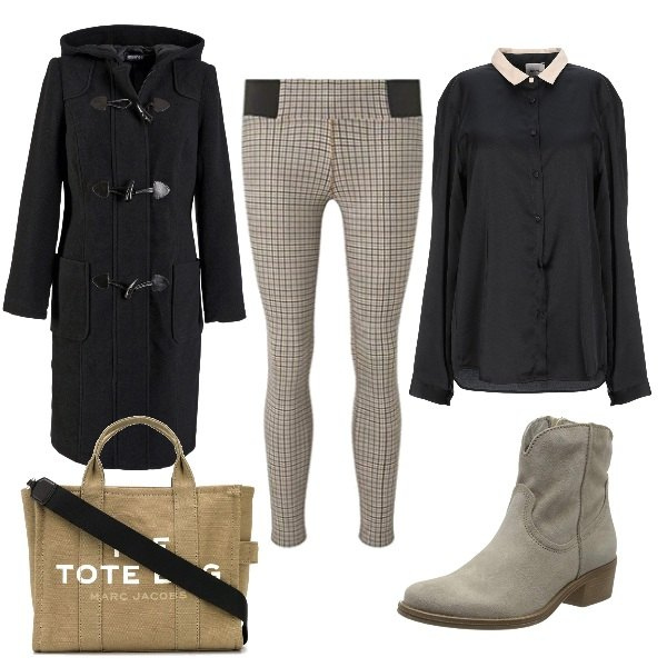 Outfit donna - Il leggings a quadretti. Stile Basic per Tutti i giorni. Abbinamento con montgomery, camicie, borse tote, treggings, stivaletti texani.