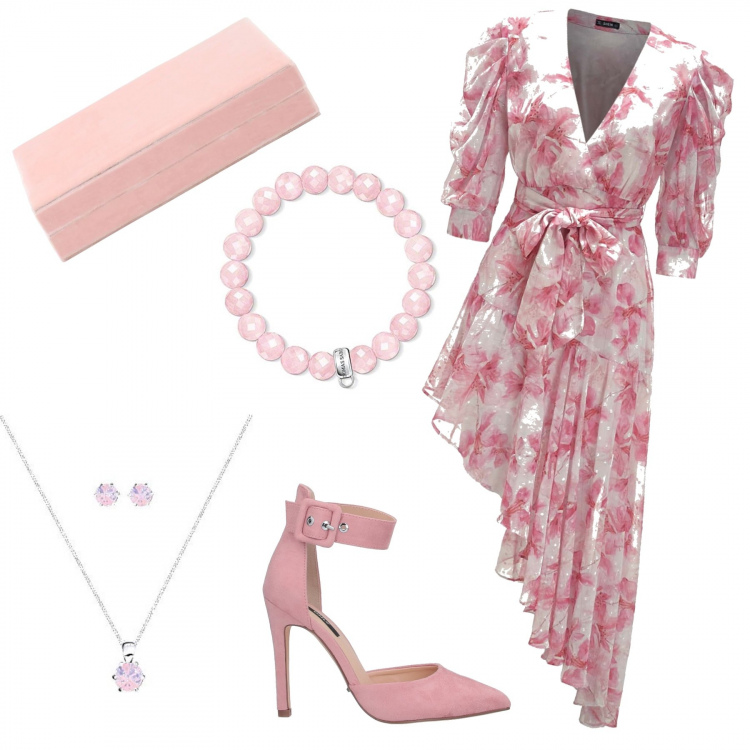 Outfit donna - Asimmetrie fiorate. Stile Trendy per Cerimonia. Abbinamento con décolleté, braccialetti, orecchini, pochette, vestiti asimmetrici.