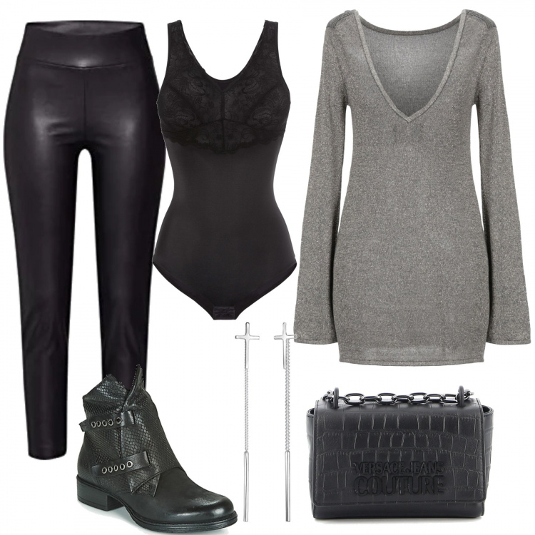 Outfit donna - Leggings in ecopelle. Stile Rock per Tutti i giorni. Abbinamento con body, pullovers, stivaletti, treggings, borse a mano, orecchini.