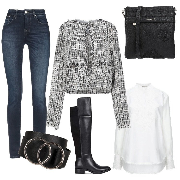 Outfit mujer - Bon Ton #28035. Estilo Bon Ton para Todos los días. Combinación con botas por encima de la rodilla, cinturones, blazers, camisas, bolsos de hombro, vaqueros.