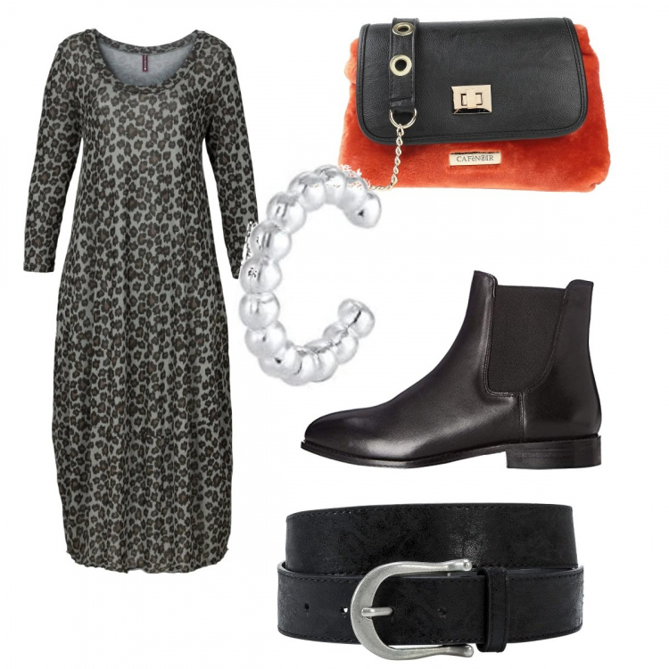 Outfit donna - Un tocco di rosso. Stile Rock per Ufficio. Abbinamento con vestiti midi/longuette, cinture, borse a tracolla, stivaletti chelsea, orecchini.