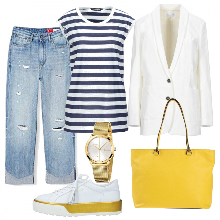 Outfit donna - Basic #8286. Stile Basic per Tutti i giorni. Abbinamento con sneakers, borse a mano, t-shirt, blazer, jeans, orologi analogici.