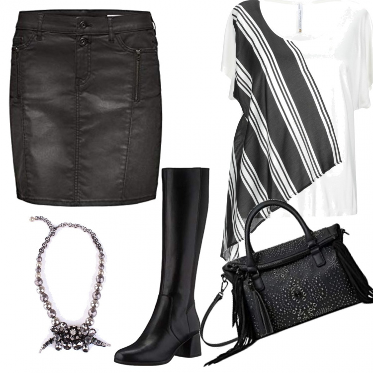 Outfit mujer - Lunes asimétrico. Estilo Urban para Todos los días. Combinación con faldas, botas por encima de la rodilla, bolsos de mano, collares, blusas.