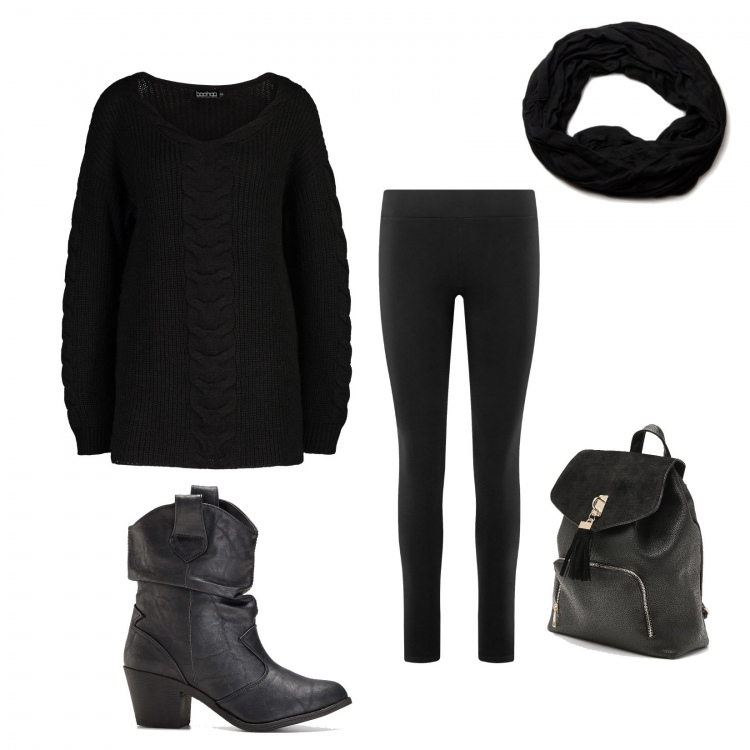 Outfit donna - Total black. Abbinamento con stivaletti texani, pullovers, zaini, leggings, sciarpe.