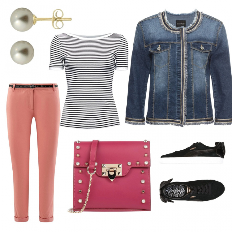 Outfit donna - Passeggiata in centro. Stile Basic per Tutti i giorni. Abbinamento con blazer, borse a spalla, sneakers, pantaloni chino, t-shirt, orecchini.