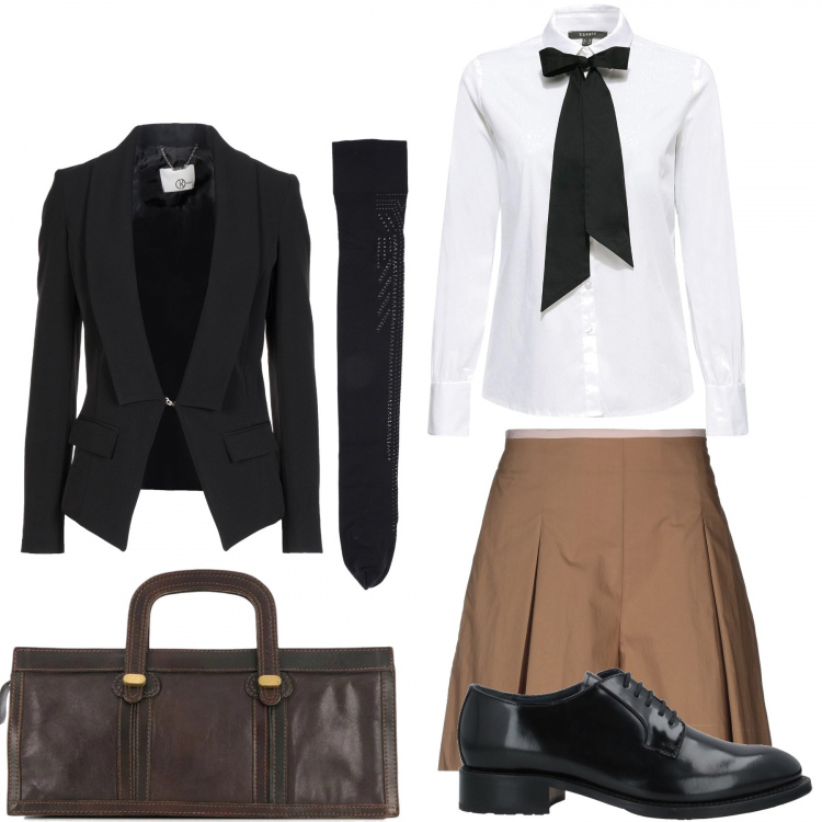 Outfit donna - Hypster per l’ufficio. Stile Trendy per Ufficio. Abbinamento con minigonne, blazer, scarpe stringate, calzini, borse tote, camicie.