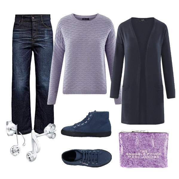 Outfit donna - La musica nello style. Stile Trendy per Scuola/Università. Abbinamento con sneakers alte, clutch, jeans strappati, maglioni, cardigans, orecchini.