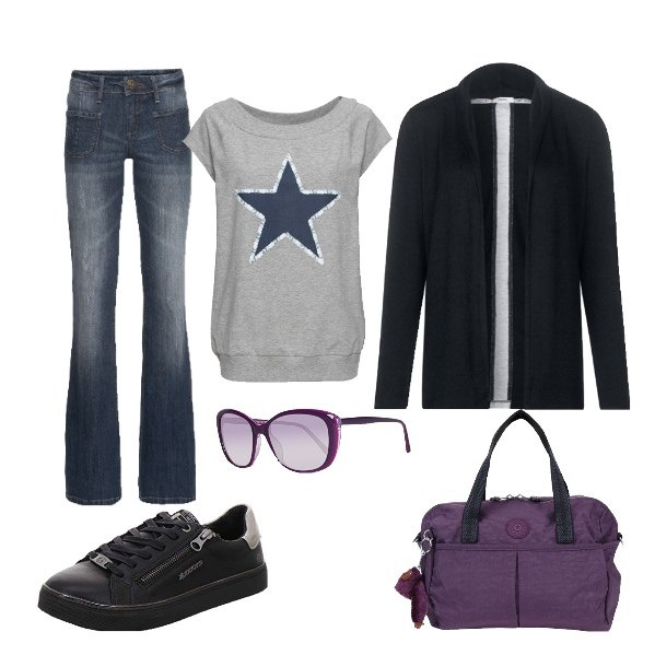 Outfit donna - Trendy #66801. Stile Trendy per Scuola/Università. Abbinamento con jeans bootcut, t-shirt, borse a mano, cardigans, sneakers, occhiali da sole.