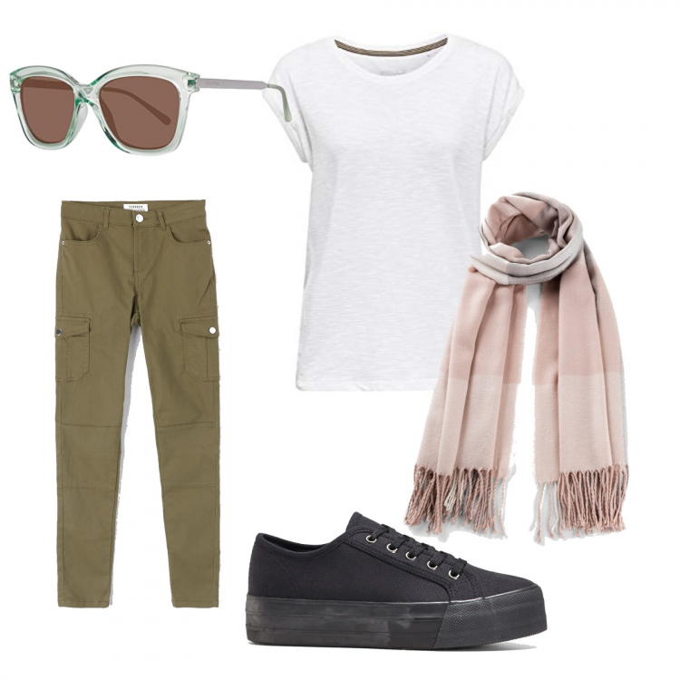 Outfit donna - Total look #729823. Abbinamento con sneakers, sciarpe, pantaloni, t-shirt, occhiali da sole.
