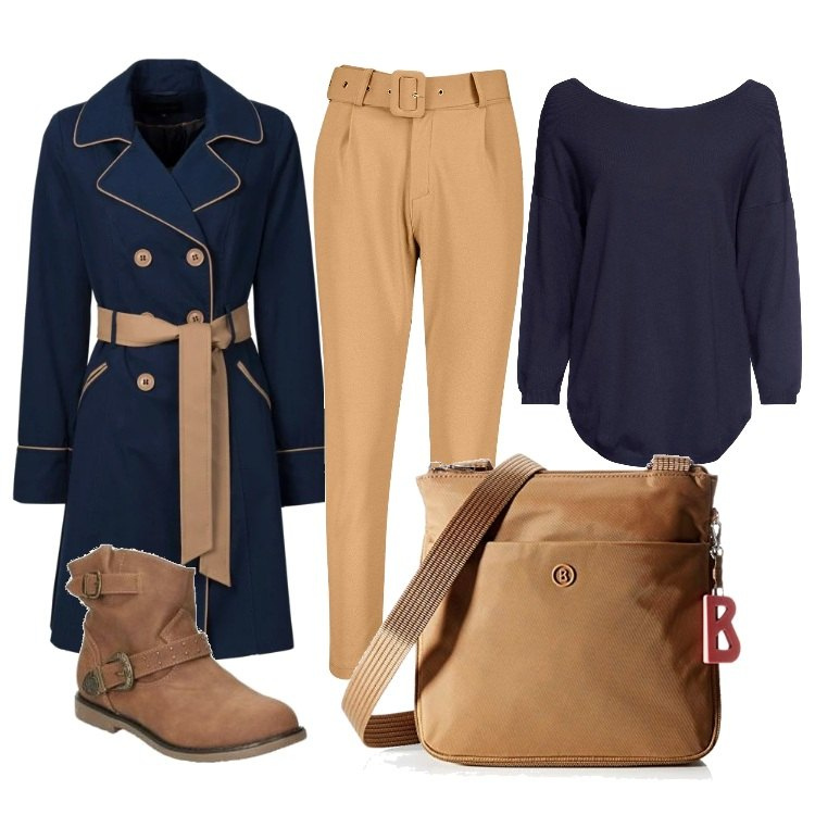 Outfit donna - Trench bicolore. Stile Trendy per Tutti i giorni. Abbinamento con trench, maglieria, pantaloni, stivaletti, borse a spalla.