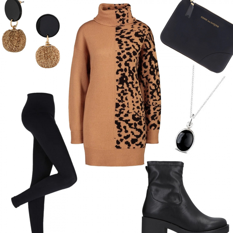 Outfit donna - Un inverno con stile. Stile Urban per Tutti i giorni. Abbinamento con leggings, orecchini, stivaletti, pullovers, ciondoli, pochette.