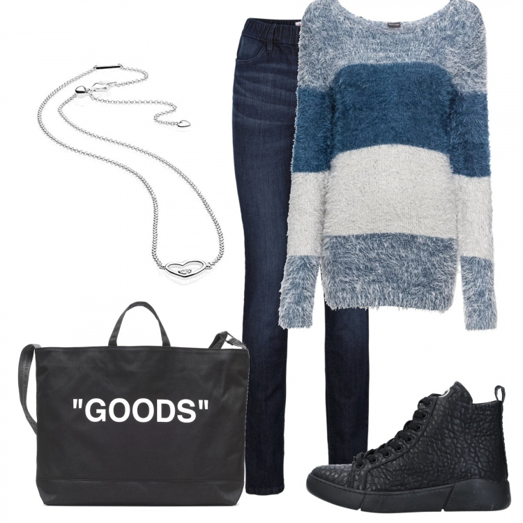 Outfit donna - Trendy #66921. Stile Trendy per Scuola/Università. Abbinamento con jeggings, maglieria, sneakers alte, ciondoli, borse tote.