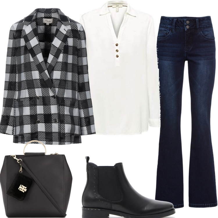Outfit donna - The first. Stile Trendy per Ufficio. Abbinamento con jeans bootcut, blazer, borse tote, camicie, stivaletti.