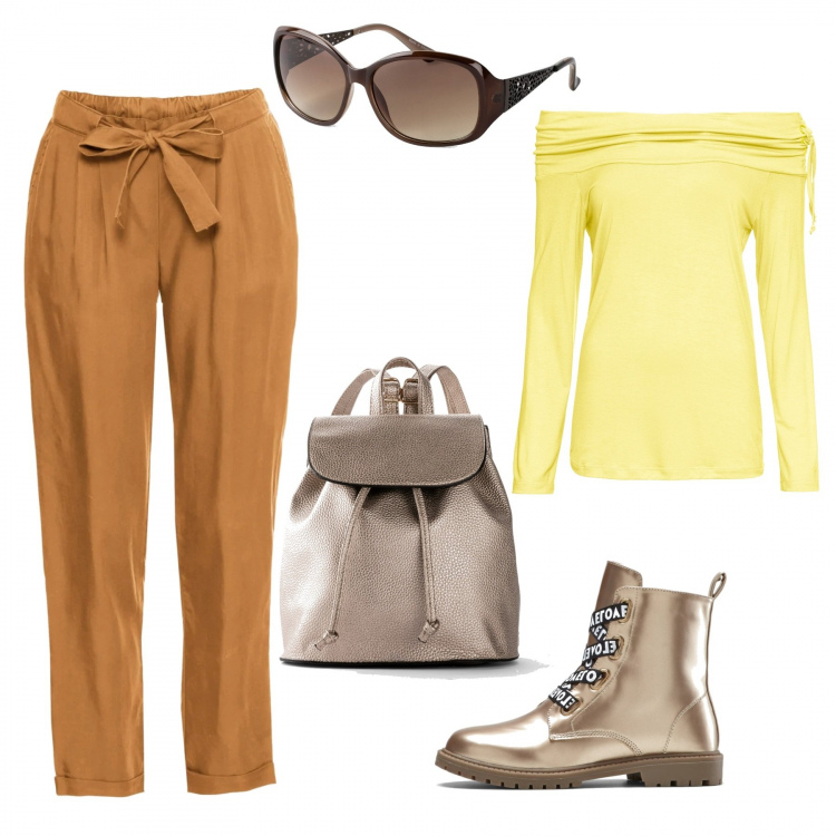Outfit donna - Sunny day bon prix. Stile Trendy per Tutti i giorni. Abbinamento con shopping bag, stivaletti, pullovers, felpe con cappuccio, occhiali da sole.
