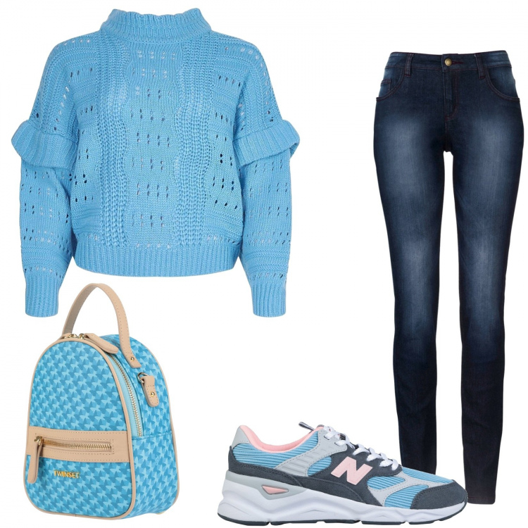 Outfit donna - Maglioncino azzurro. Stile Trendy per Scuola/Università. Abbinamento con jeans skinny, zaini, sneakers, pullovers.