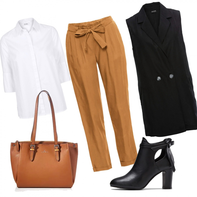 Outfit donna - Buongiorno ottobre!. Stile Basic per Ufficio. Abbinamento con shopping bag, stivaletti, gilet, camicie, borse tote.