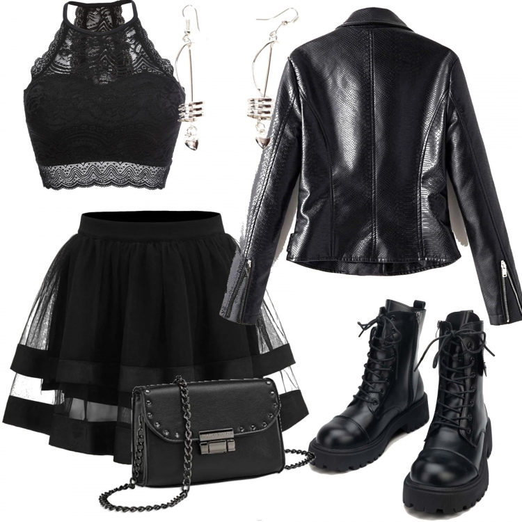 Outfit donna - Total Black con gonna a ruota. Stile Rock per Serata fuori. Abbinamento con reggiseni, orecchini, minigonne, anfibi, cappotti, borse a tracolla.