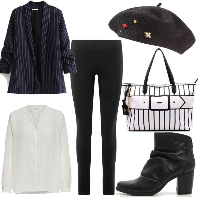 Outfit donna - È quasi weekend. Stile Trendy per Ufficio. Abbinamento con cappelli e berretti, camicie, shopping bag, stivaletti, leggings, blazer.