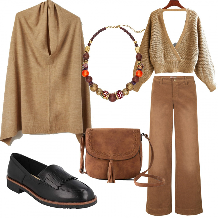 Outfit donna - Ufficio inverno hypster. Stile Trendy per Ufficio. Abbinamento con pantaloni, borse a tracolla, collane, cappotti, mocassini, pullovers.