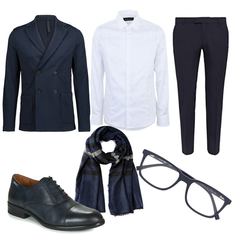 Outfit uomo - Serata speciale con look giovane. Stile Business/Elegante per Serata speciale. Abbinamento con scarpe stringate, occhiali, camicie, giacche, pantaloni, sciarpe.