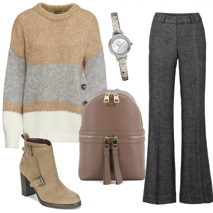 Outfit donna - Maglioncino morbido in ufficio. Stile Bon Ton per Ufficio. Abbinamento con pantaloni a palazzo, maglieria, stivaletti, zaini, orologi.