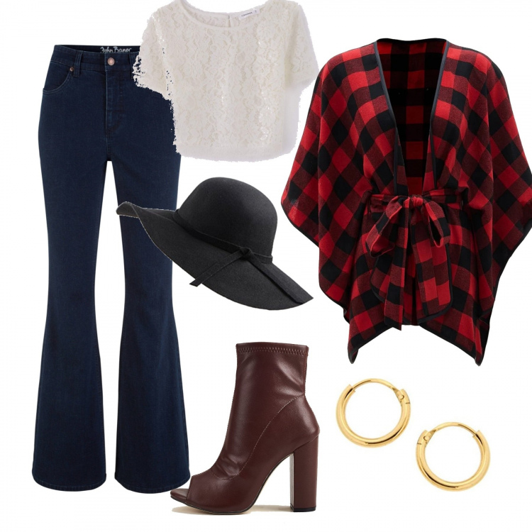 Outfit donna - Trendy #67131. Stile Trendy per Ufficio. Abbinamento con jeans a zampa, cappe, stivaletti, t-shirt, cappelli, orecchini.