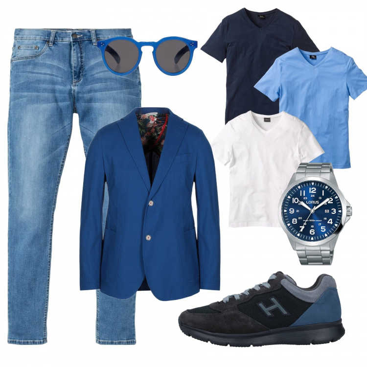 Outfit uomo - Urban blue. Stile Urban per Tutti i giorni. Abbinamento con jeans, t-shirt, giacche, sneakers, occhiali da sole, orologi analogici.