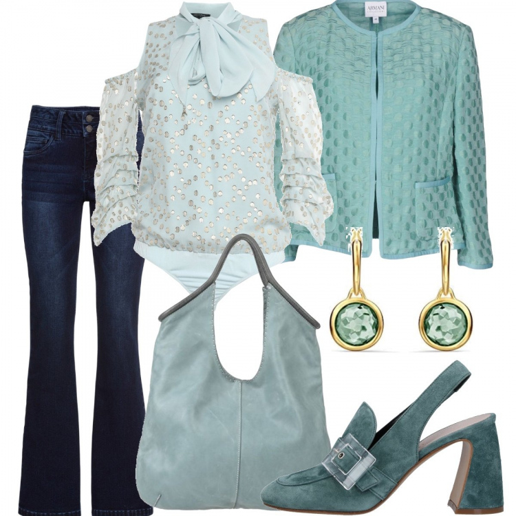 Outfit donna - Un po’ Dandy. Stile Trendy per Ufficio. Abbinamento con jeans bootcut, décolleté, blazer, bluse, borse a mano, orecchini.