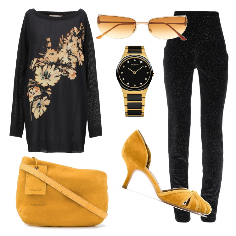 Outfit donna - Comode in città. Stile Basic per Tutti i giorni. Abbinamento con pullovers, leggings, borse a tracolla, décolleté, occhiali da sole, orologi.