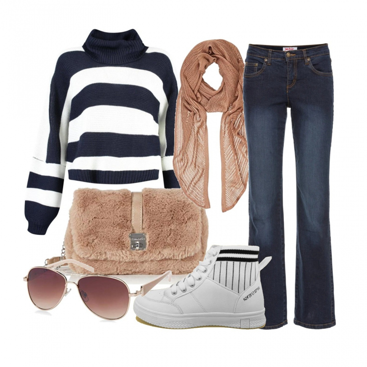 Outfit donna - White stripes .... and more. Stile Trendy per Tutti i giorni. Abbinamento con jeans dritti, pullovers, sneakers, borse a spalla, sciarpe, occhiali da sole.