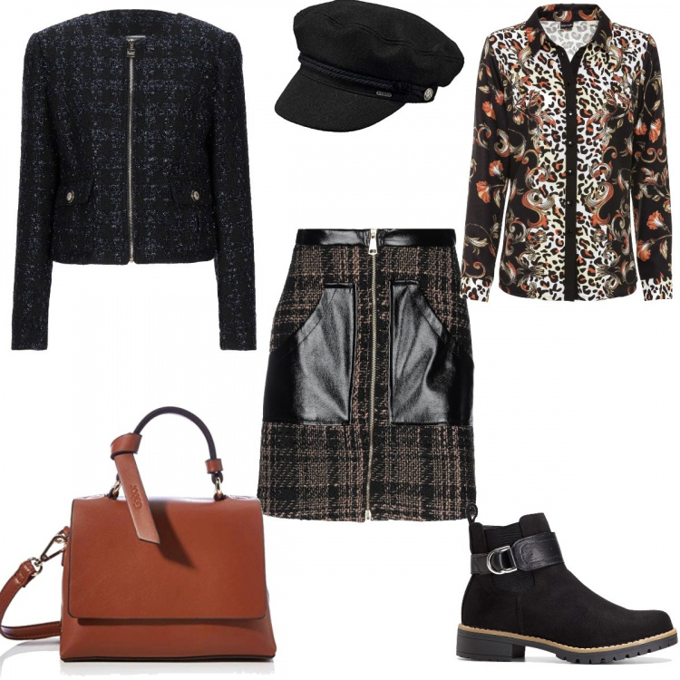 Outfit donna - Mood Hipster in Ufficio. Stile Trendy per Ufficio. Abbinamento con stivaletti, camicie, gonne longuette, blazer, borse a tracolla, cappelli con visiera.