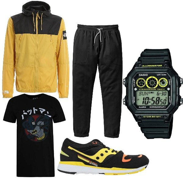Outfit uomo - Batman sportivo. Stile Urban per Sport. Abbinamento con pantaloni sportivi, sneakers, t-shirt, giacche, orologi digitali.