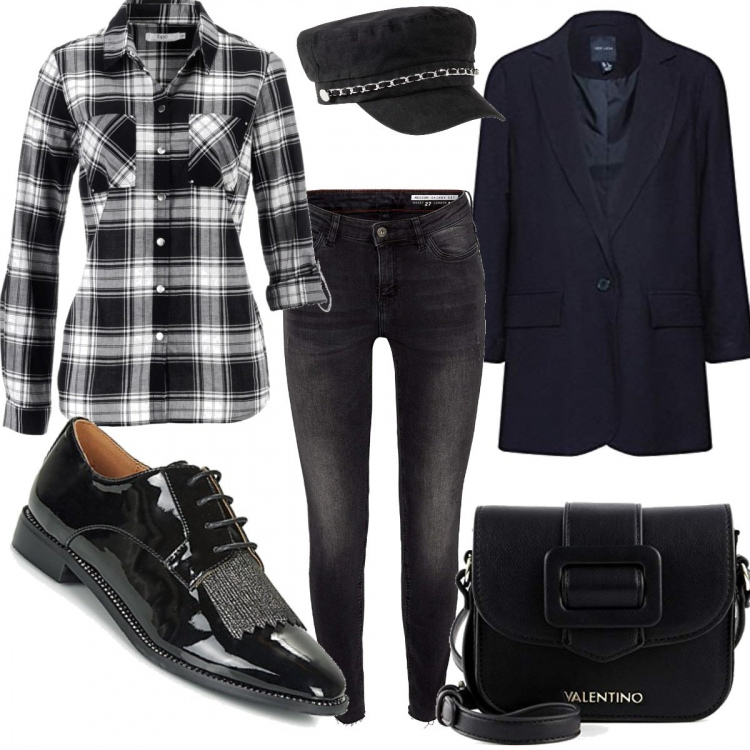 Outfit donna - Oggi hipster in ufficio. Stile Trendy per Ufficio. Abbinamento con camicie, berretti, scarpe stringate, blazer, jeans skinny, borse a cartella.