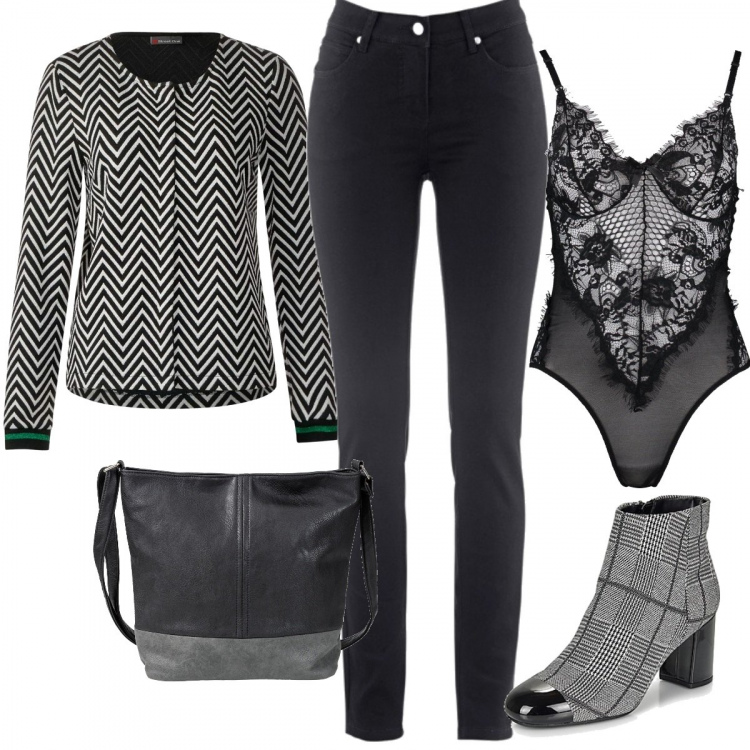 Outfit donna - Chanel. Stile Bon Ton per Tutti i giorni. Abbinamento con jeans dritti, shopping bag, top, stivaletti, blazer.