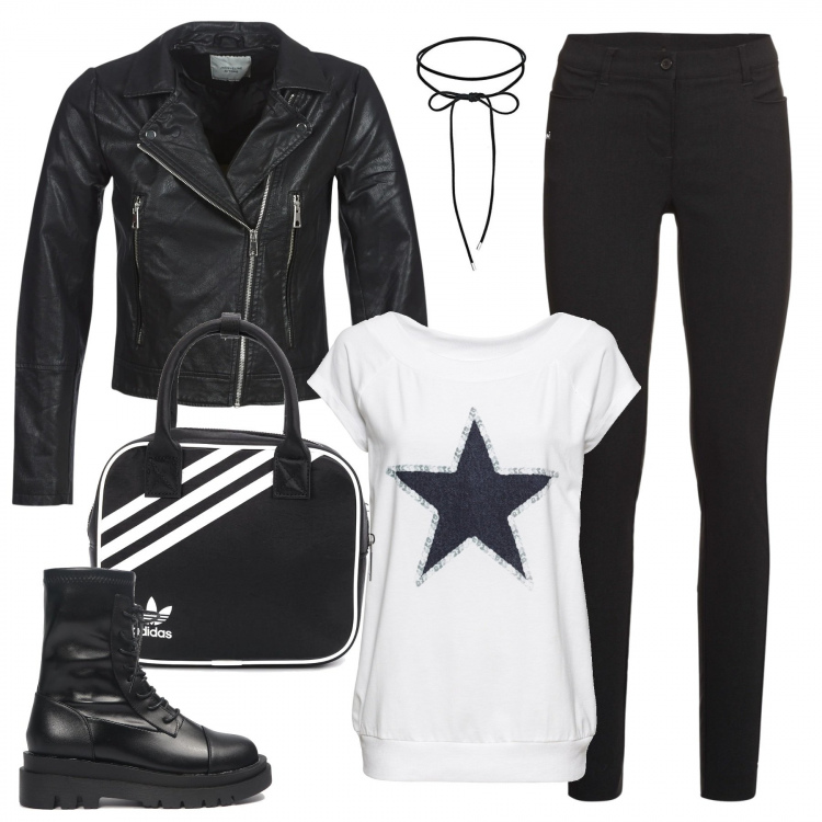 Outfit donna - Stella del rock. Stile Rock per Tutti i giorni. Abbinamento con t-shirt, pantaloni skinny, blazer, zaini, anfibi, collane.