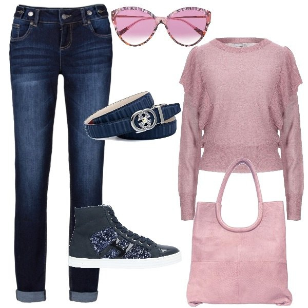 Outfit donna - Pink is good. Stile Trendy per Tutti i giorni. Abbinamento con jeans boyfriend, pullovers, sneakers alte, occhiali da sole, cinture, borse a spalla.