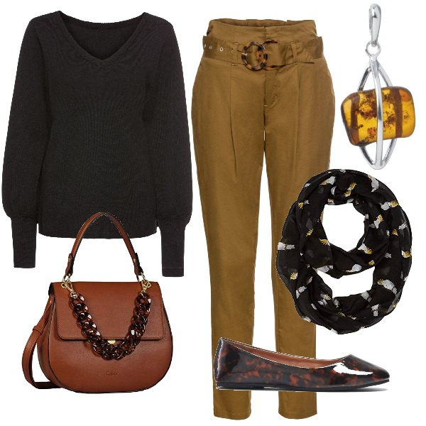 Outfit donna - Dettagli tartaruga e colori autunnali. Stile Urban per Ufficio. Abbinamento con maglieria, vestiti, ballerine, borse a mano, sciarpe, collane.