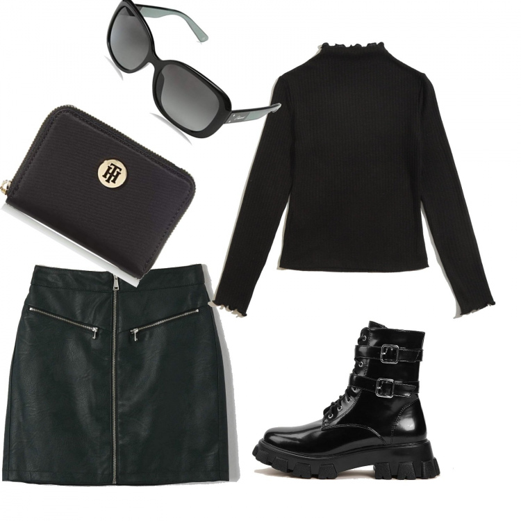 Outfit donna - Vestirsi di nero. Stile Rock per Tutti i giorni. Abbinamento con minigonne, t-shirt, anfibi, occhiali da sole, borse a tracolla.