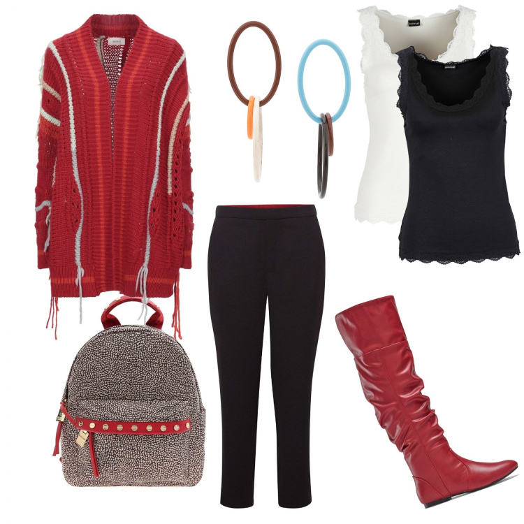 Outfit donna - Giro in scooter..in rosso. Stile Urban per Tutti i giorni. Abbinamento con top, stivali, cardigans, orecchini, pantaloni, zaini.