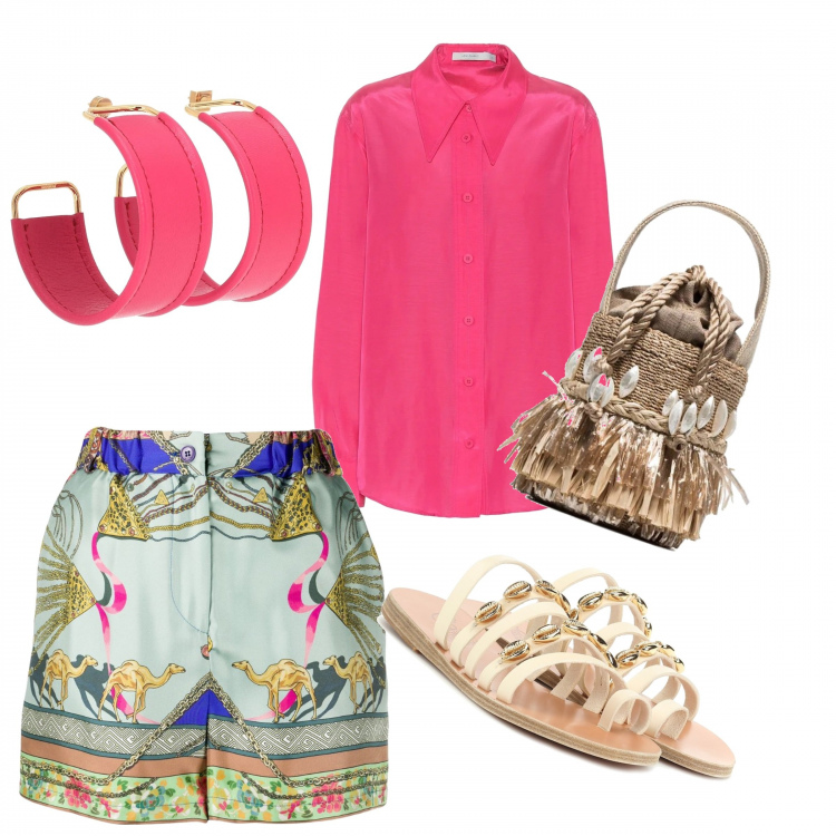 Outfit donna - Ultimo giorno al mare. Stile Chic per Mare. Abbinamento con borse a secchiello, shorts, sandali, camicie, orecchini.