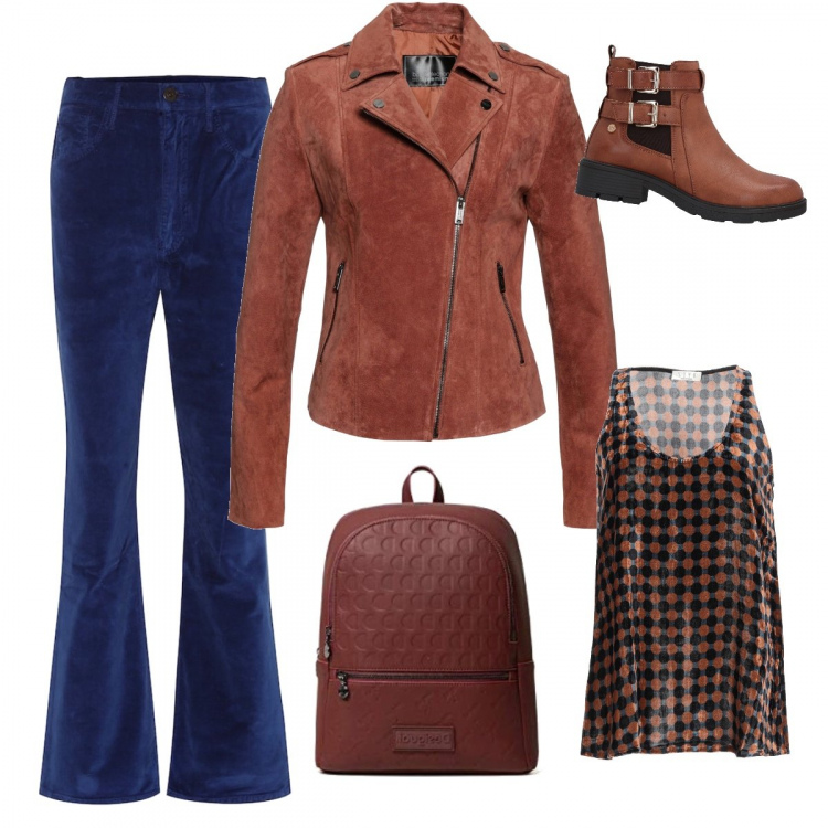 Outfit donna - Il pantalone di velluto. Stile Urban per Tutti i giorni. Abbinamento con top, top, stivaletti chelsea, zaini, pantaloni.