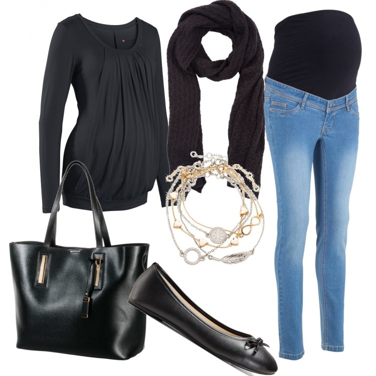 Outfit donna - Autunno in attesa con bonprix. Stile Basic per Tutti i giorni. look ideale per Premaman. Abbinamento con jeans skinny, braccialetti con ciondoli, ballerine, pullovers, shopping bag, sciarpe.