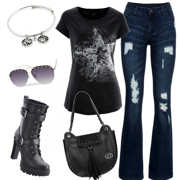 Outfit donna - Ancora t shirt. Stile Rock per Tutti i giorni. Abbinamento con t-shirt, stivali, jeans bootcut, borse a spalla, occhiali da sole, borse a mano.