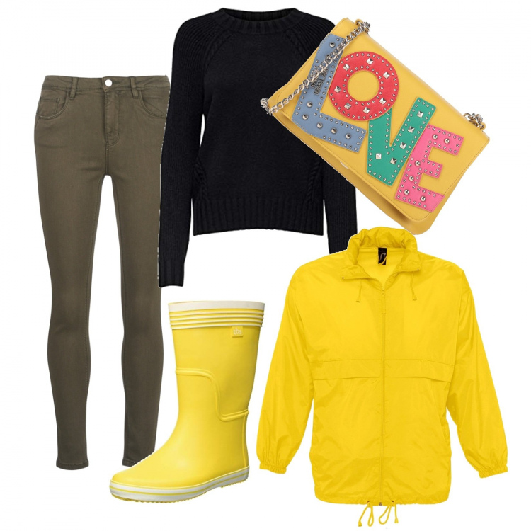 Outfit donna - Una giornata di pioggia. Stile Basic per Tutti i giorni. Abbinamento con borse a tracolla, pantaloni, cappotti, pullovers, stivali di gomma.