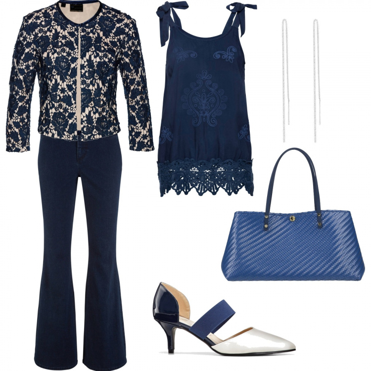 Outfit donna - Chic in blu. Stile Chic per Tutti i giorni. Abbinamento con borse a mano, reggiseni push-up, jeans a zampa, décolleté, top, orecchini.