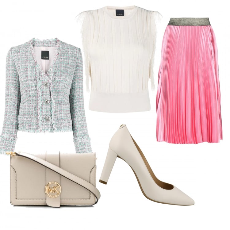 Outfit donna - Like Chanel. Stile Bon Ton per Tutti i giorni. Abbinamento con gonne longuette, blazer, top, borse a tracolla, décolleté.