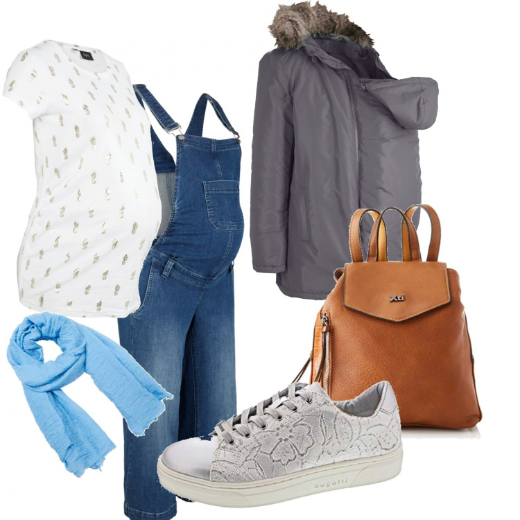 Outfit donna - In dolce attesa. Stile Basic per Tutti i giorni. look ideale per Premaman. Abbinamento con salopette, blazer, t-shirt, zaini, sneakers, sciarpe.