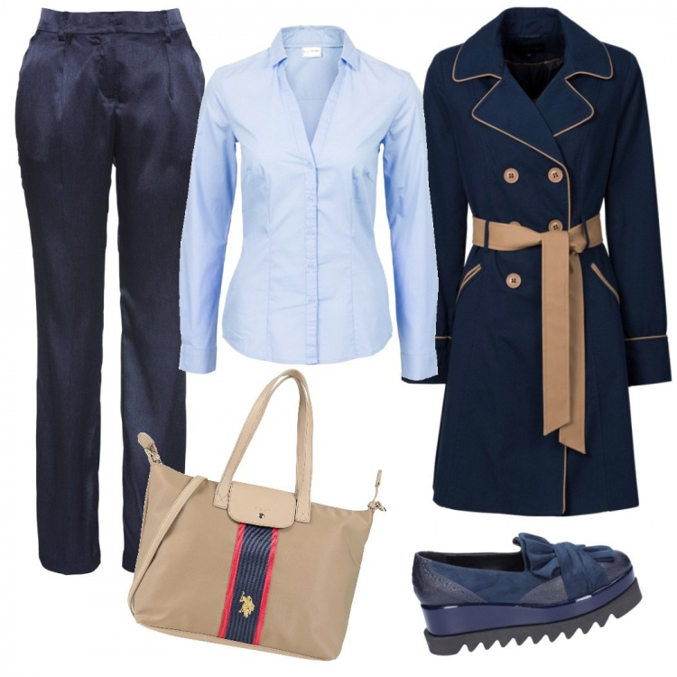 Outfit donna - Il trench blu. Stile Basic per Ufficio. look ideale per Petite. Abbinamento con camicie, trench, pantaloni, borse a mano, mocassini.