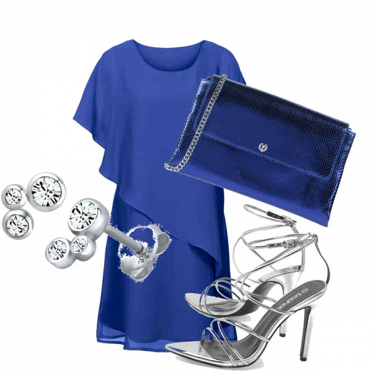 Outfit donna - I love BLUE. Stile Chic per Serata fuori. Abbinamento con vestiti asimmetrici, borse a mano, scarpe col tacco, orecchini.