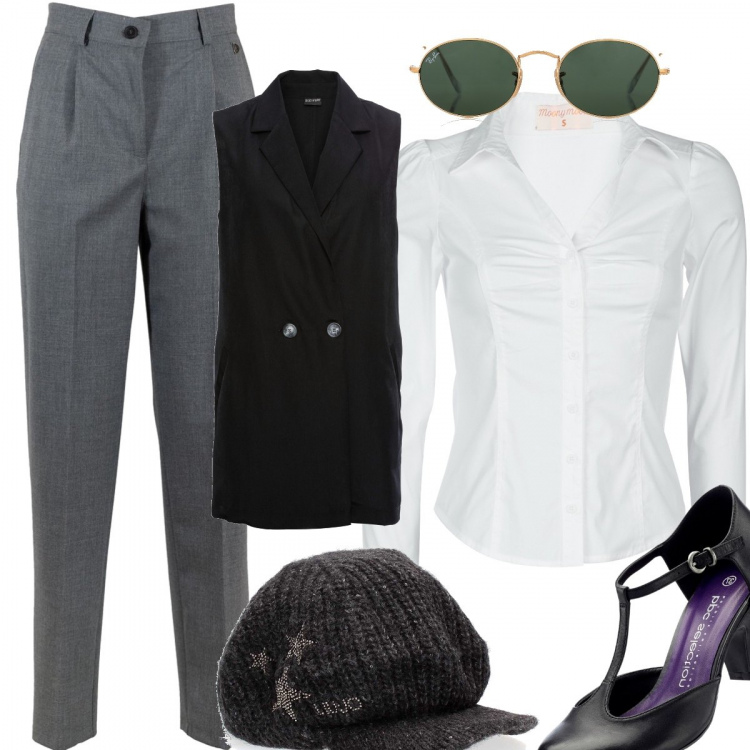 Outfit donna - Urban #24897. Stile Urban per Ufficio. Abbinamento con pantaloni chino, camicie, cappelli con visiera, décolleté, gilet, occhiali da sole.